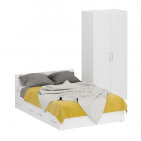 Кровать с ящиками 1400 + Шкаф 2-х створчатый Стандарт, цвет белый, ШхГхВ 143,5х203,5х70 + 90х52х200 см., сп.м. 1400х2000 мм., б/м, основание есть в Озёрске - ozyorsk.mebel-74.com | фото
